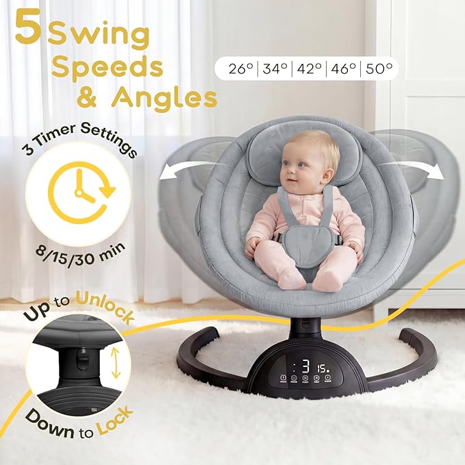 Baby Swings for Infants, Portable Baby Swing for Indoor and Outdoor, Bluetooth Baby Swing with Music Speaker, 5 Point Harness Belt, 5 Speeds and Timing