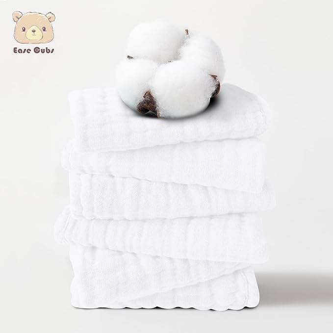 Ease Cubs 12 Pack Muslin Washcloths for Baby - 100% Cotton Baby Wash Cloths for or Baby Face Body Comfy and Soft for Newborn Infants Kids Girls and Boys - 12"x12" - White