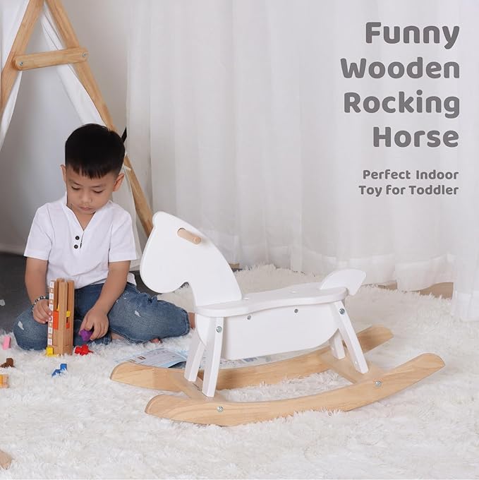 White Wooden Rocking Horse Funny for Toddlers (Ages 2-4) - Solid Rubber Wood, Smooth Surface for Creative Decoration, Minimalist Rocking Horse, Vintage