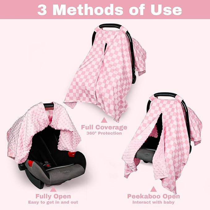 Baby Car Seat Cover, Minky Carseat Cover Baby Girl, Peekaboo Opening Infant Car Seat Cover, Warm Baby Car Seat Canopy for Winter, Pink Checkered