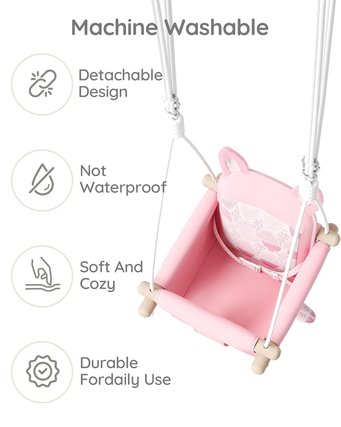 Wooden Baby Swing with Safety Belt - Adjustable Infant & Toddler Swings for Indoor/Outdoor Use, Includes Mounting Hardware (Fox Design, Pink)