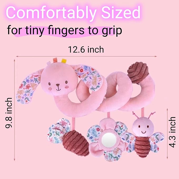 Spiral Car Seat Toy for Babies 0-6-12 Months Girl, Stroller Hanging Baby Toys 0-3-4-5-7-9 Month Old Newborn Infant Rabbit Gift Travel Carseat Mirror Crinkle Plush Bunny Easter Basket Stuffers
