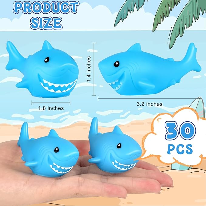 Mototo 30 Pieces Rubber Shark Toys Bulk, Cute Bath Squishy Toys Small Swimming Bathtub Pool Kids Play for Shark Week Themed Box Goodie Bags Treasure Hunt Carnival Cruise Birthday Party Favor, Blue