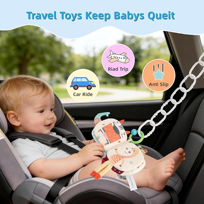 Baby Soft Book Toys for Car Seat 6-12 Months, Sensory Travel Toy 3-6 Months, Montessori Crinkle Busy Book Learning Animals for Roadtrip, Cloth Activity Baby Valentine Gift with Squeaky Textures