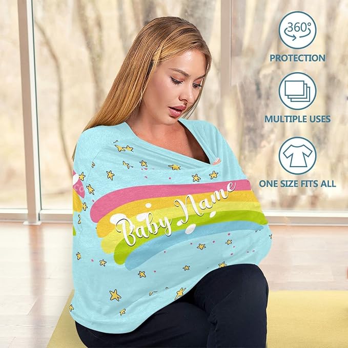 Personalized Baby Car Seat Cover for Babies, Custom Name Baby Car Seats Canopy for Boys Girls, Nursing Breastfeeding Stroller Covers for Infant Newborn, Shower Gift (Star Rainbow)