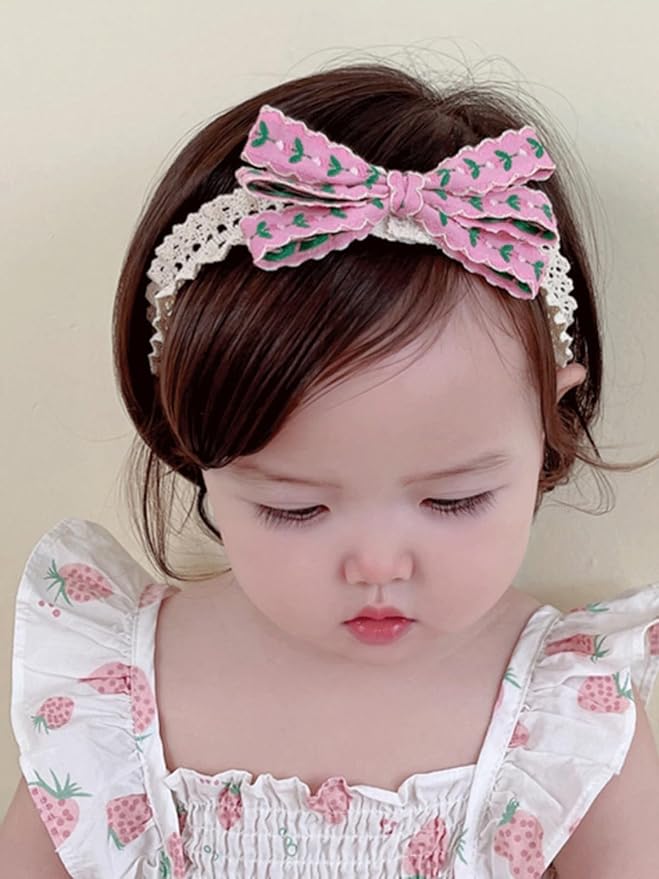 Baby Girls Hairbands Bow Lace Headband Handmade Soft Stretchy Pink Bowknot Hairbands Newborn Hairband with Bows Elastic Hair Bands for Kids Infant(Rose Red Bow