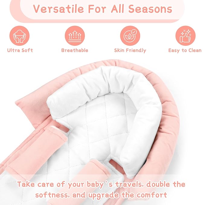 Pea Pod Upgraded 2-in-1 Baby Car Seat Insert Cushion Pad, Extra Soft Infant Car Seat Head Support for Newborn, Perfect for Carseat, Stroller, Swing, Bouncer, Pink