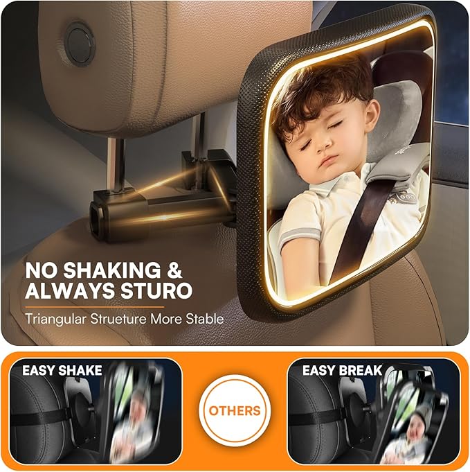 Baby Car Mirror with Light - Rechargeable Baby Mirror for Car with Remote Control, Clear Vision, 360° Rotation Rear Facing Car Seat Mirror, Shock and Shatter Resistant