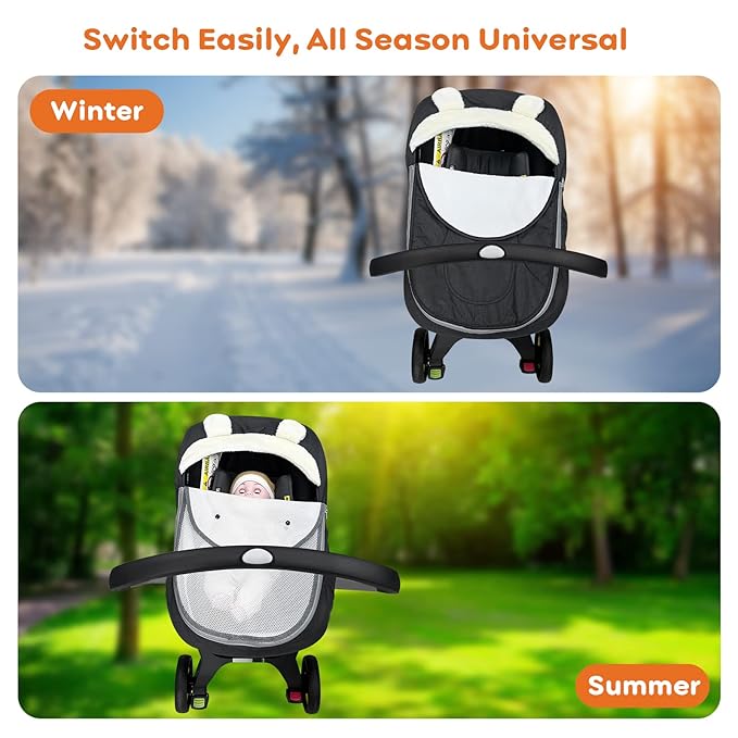 Baby Car Seat Cover for Infant Newborn - Universal Fitted 3-Season (Winter/Spring/Autumn) Canopy, Warm Breathable with Mesh Cover, Unisex for Baby Boy Girl - Black