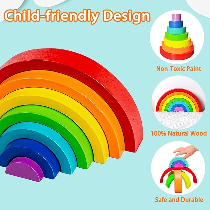 TUOWITA Wooden Rainbow Stacking Toy, Wood Stacker Arch Game, Montessori Arch Bridge Rainbow Building Blocks, Colorful Stacking Blocks Puzzles for Kids 2 3 4 5 Years Old, Rainbow Decor Toys