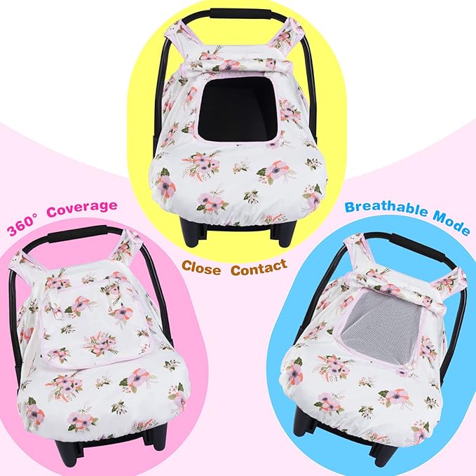 SMTTW Baby Car Seat Covers, Infant Car Canopy for Spring Summer Autumn Winter, Universal Fit, Snug Warm Breathable, Car Seat Canopy for Boys Girls (White Flower)