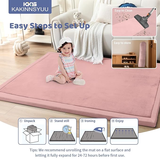 2-Inch Extra Thick Baby Play Mat for Floor, 59"x39" Large Ultra Soft Pink Rug, Nursery Rug with Powder-Free Memory Foam & Non-Slip Base for Tummy Time, Perfect for Baby Girl Room Decor