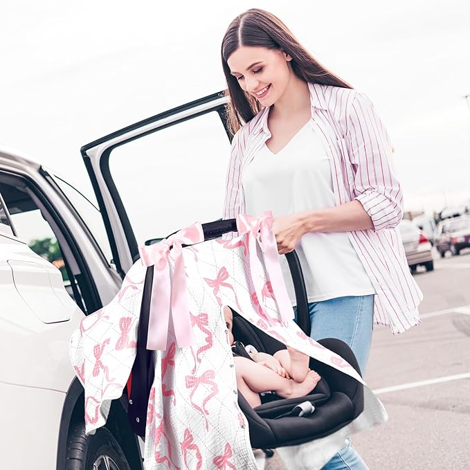 Tegeme 2-in-1 Pink Bow Muslin Baby Car Seat Cover Breathable Multi-use Nursing Infant Car Seat Cover Windproof Canopy for Breastfeeding Strollers Carriers
