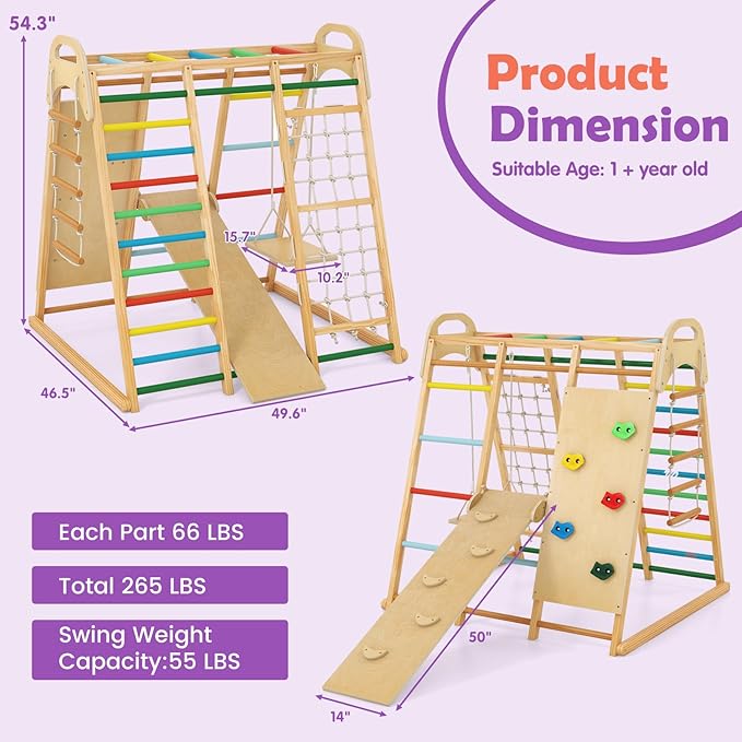 INFANS Indoor Jungle Gym, 8 in 1 Kids Montessori Indoor Playground Climbing Playset for Toddlers with Slide Swing Net Monkey Bars Rope Ladder, Wood Climber Toys for Boys Girls