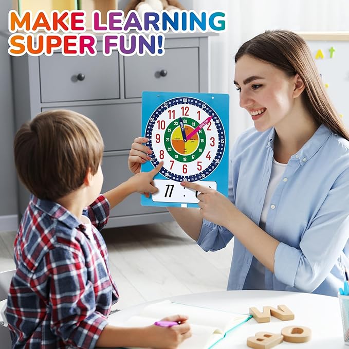 Magnetic Writable Dry Erase Learning Clock for Kids, 13.7'' x 11.2" Teaching Demonstration Clock for Kid to Tell Time, Perfect for Home School Classroom Supplies, Pen Included