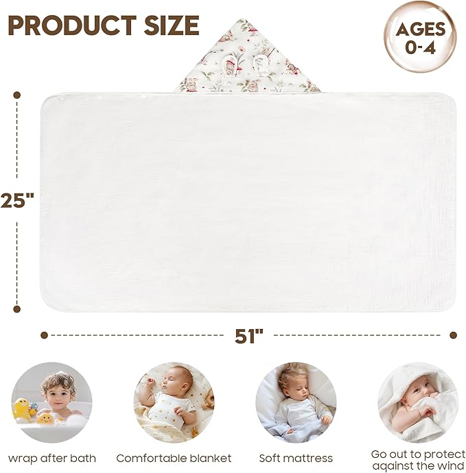 Hooded Towel Muslin Hooded Towel Made from Organic Cotton 6-Layer Cotton Bath Towel, Soft Bath Towels 25x51inches for Toddler Baby (Bunny & Mushroom)