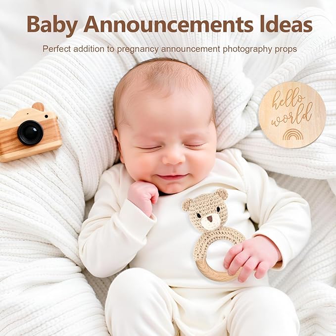 Wooden Baby Rattle, Handmade Crochet Stuffed Animal Organic Rattle Toys, Beige Bear Rattles for Babies 0-6 Months with Wood Teething Rings, Baby Announcements Ideas