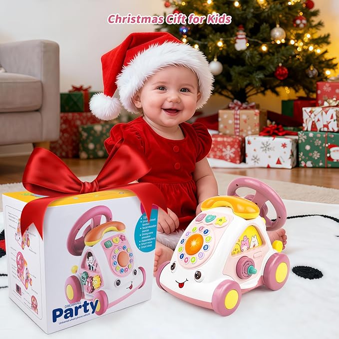 Love&Mini Baby Musical Toys for Girls - Crawling Steering Wheel Toys with Car, Telephone, Lights & Sounds - Multi-Functional Educational Gifts for 1+ Year Old Girls Birthday Xmas