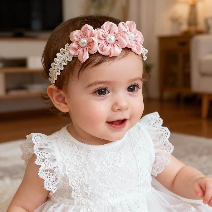 Handmade Baby Girl Headbands in Beige and Pink Lace Flowers for Newborns and Toddlers Cute Baby Girl Flowers and Newborn Headbands (Pink Pearl Flowers, One Size)