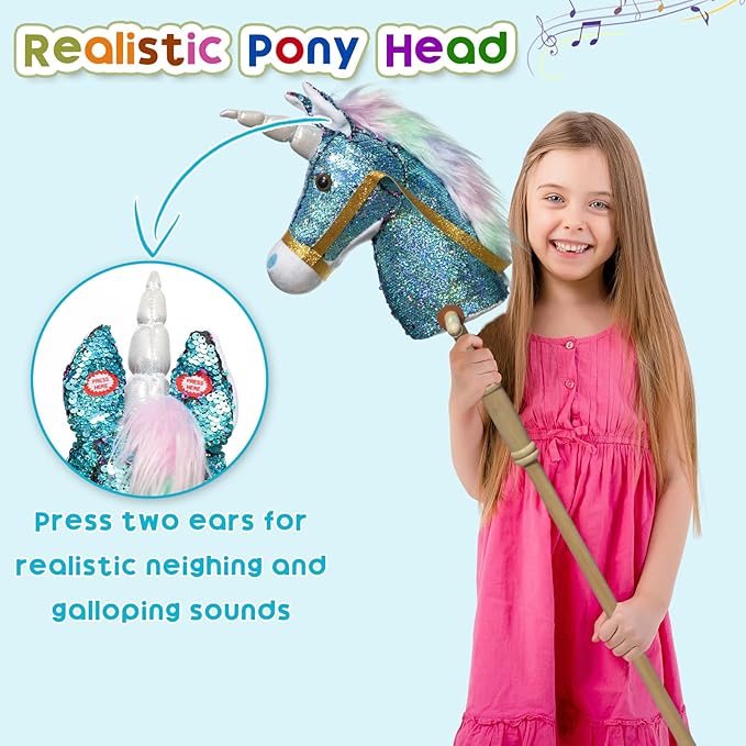 HollyHOME Sequin Unicorn Stick Horse Handcrafted Hobby Horse on a Stick with Wood Wheels Real Pony Neighing and Galloping Sounds Plush Unicorn Toy Blue 36 Inches(AA Batteries Required)