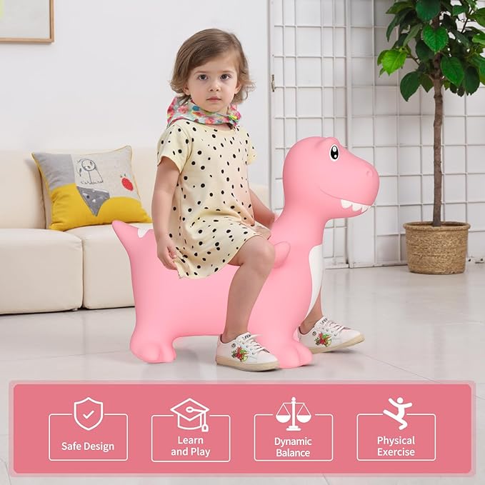 INPANY Bouncy Horse, Dinosaur Hopper Toys, Toddler Bouncing Animal, Dinosaur Party Decorations, Kids Inflatable Ride on Rubber Bouncer, Outdoor Cool Birthday Gift for 2 3 4 Yr Boy Girl Pink