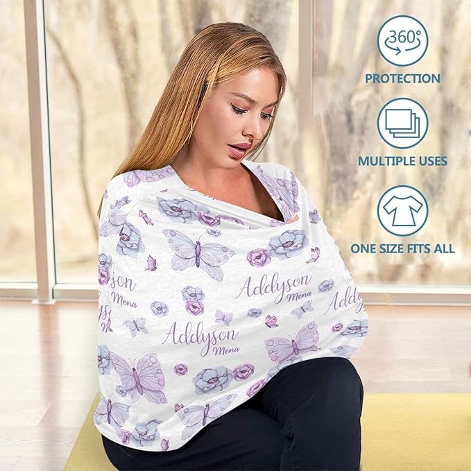 Personalized Baby Car Seat Cover for Girls, Custom Purple Butterfly Nursing Covers for Breastfeeding with Name, Infant Stroller Cover, Baby Carseat Canopy for Newborn, Multiuse Car Seat Canopies