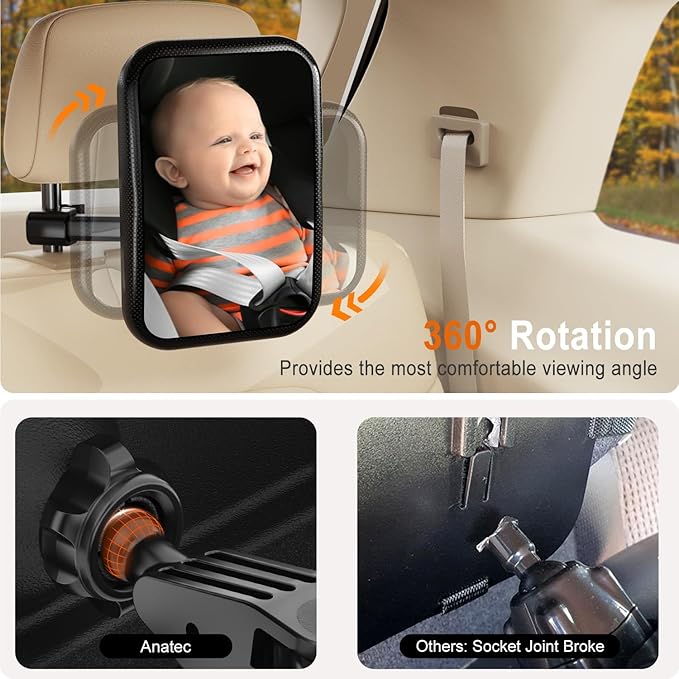 Baby Car Mirror, Rear Facing Car Seat Mirror for Infant Newborn with Hook Clip Design, Non-Shaking Wide Crystal View Shatterproof Crash Tested Adjustable