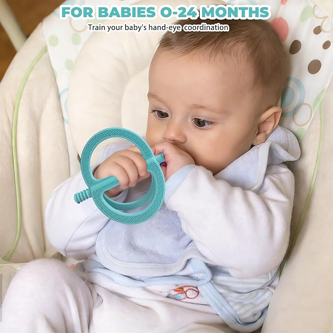 SOLIFEGOBLE 2-Pack Silicone Baby Teething Rings - Easy-Grip Chew Toys with Textured Surfaces, BPA-Free Teethers for Infants 3-12 Months (Light Green+Light Pink)