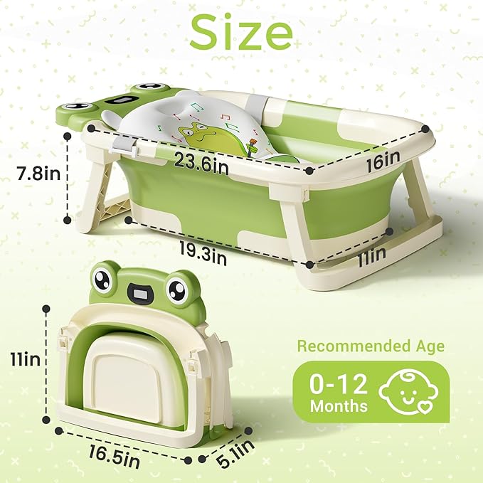 BUNWAG Baby Bathtub, Collapsible Newborn Bathtub for Infant to Toddler with Soft Cushion and Thermometer,Portable Travel Newborn Tub with No-Slip Feet, Baby Shower Gifts, 0-12 Months Baby Bath, Green