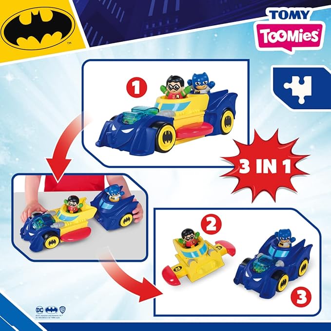 Toomies DC Comics Batman E73262 3 in 1 Vehicle Transforms into Mini Batmobile and Jet, Engine Popping Effect, Flywheel Drive Push Along, from 12 Months