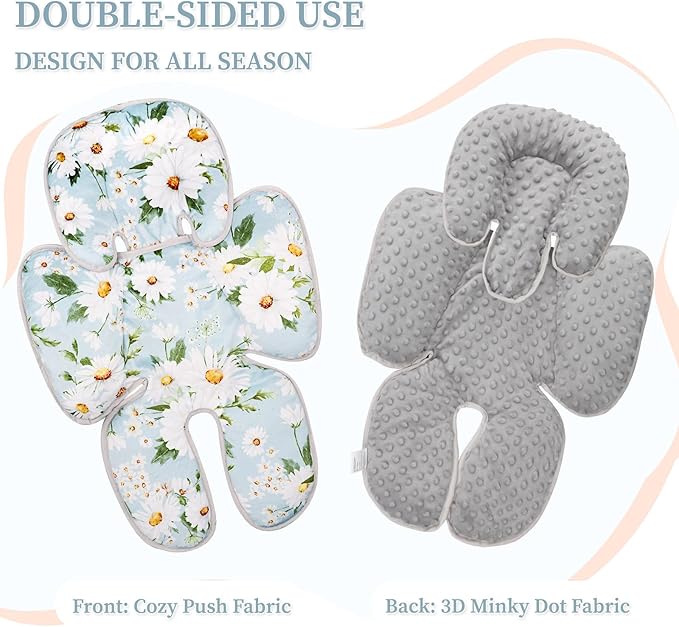 Pea Pod Infant Car Seat Insert, Baby Car Seat Head Neck Body Support, Extra Soft Newborn Carseat Insert Cushion Pad with 3D Touch Minky Dot Backing, Perfect for Car Seat, Stroller, (White Daisy)