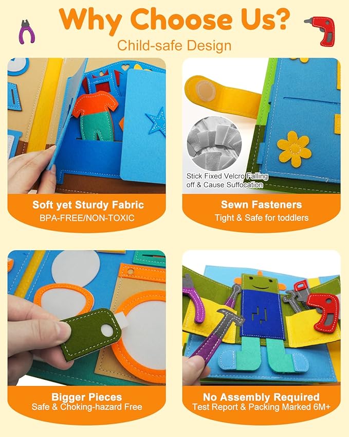 Busy Book for Toddlers 1-3, Montessori Toys for 1 Year Old, Quiet Book, Baby Activity Books, Sensory Felt Busy Board for Toddlers 3-5, Kids Travel Toys, Educational Learning Gifts for Boys & Girls