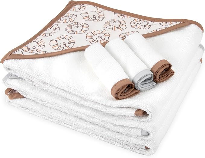 Baby Bath Essential Hooded Baby Bath Towel and Washcloth 6 Piece Set for Newborns, Infants & Toddlers, Boys & Girls Baby Hooded Towels Set (Safari Animals)