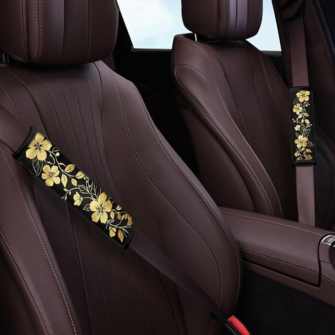 AFPANQZ Golden Floral Seat Belt Cover Pads Cushion Universal Fit Safety Seatbelt Pillow Head and Neck Support Adjustable Driver Shoulder Protection Luggage Bag Strap Pad