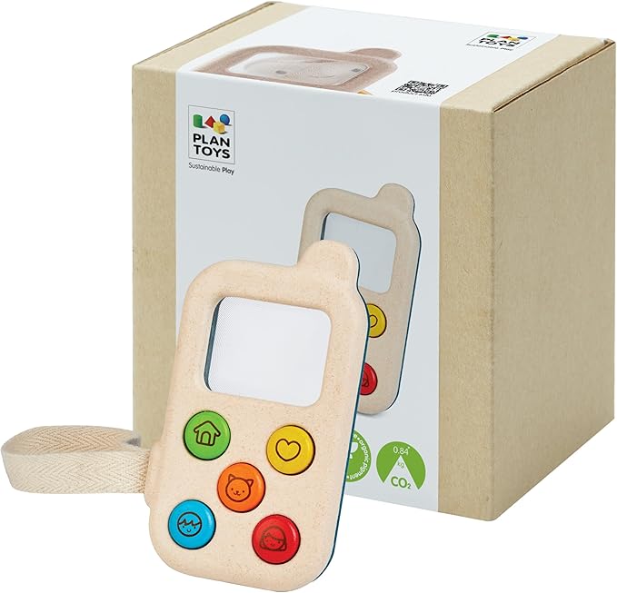 PlanToys® Wooden My First Phone Toy for Toddlers | Montessori Baby Sensory Toy with Magnifier Screen & Buttons | Pretend Play Cell Phone for Learning & Development