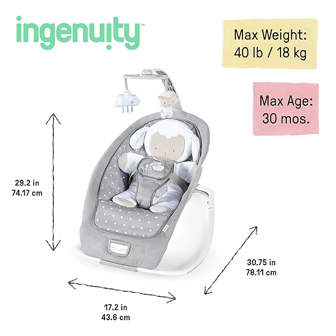Ingenuity 2-in-1 Lightweight Infant to Toddler Rocker and Baby Bouncer - Tummy Time Mat, Vibrations & Sounds, 0-30 Months Up to 40 lbs (Cuddle Lamb)