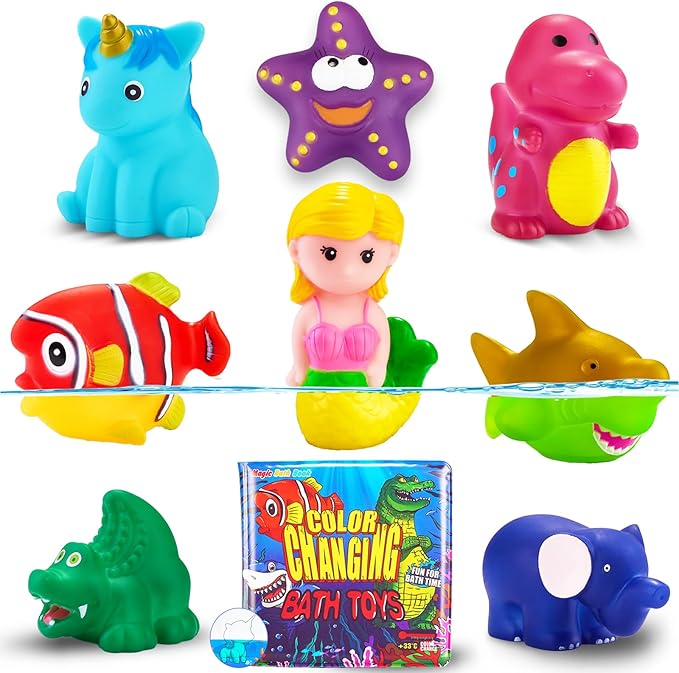 Color Changing No Hole Bath Toys for Toddlers Kids, Water Table Toys Rubber Animal with Bath Book for Bathtub Pool & Drying Bag(9 Packs)
