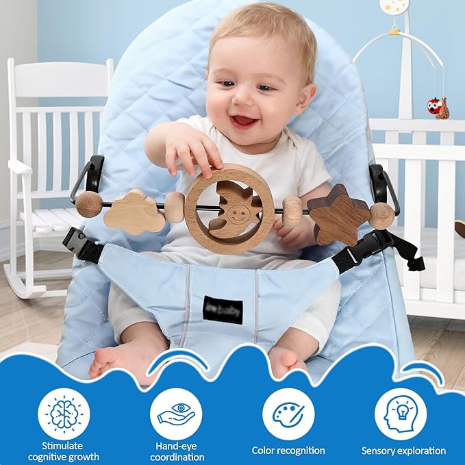 Natural Wooden Activity Toy Bar for Baby Bjorn Bouncer, 360° Rotating Smiling Moon Hanging Toys for Infant Car Seat & Stroller, Sensory Development Toy 0-12 Months