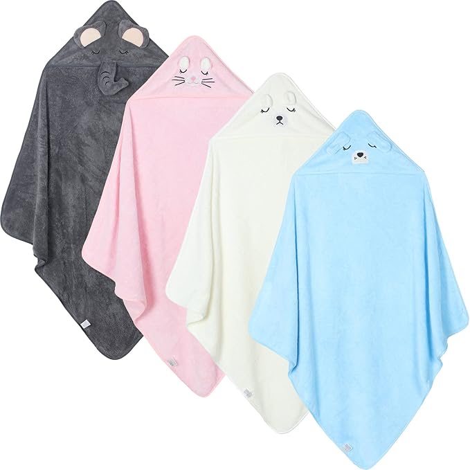 Eccliy 4 Pack Baby Bath Towel Cute Animal Face Coral Fleece Baby Bath Towels Poncho Cape for Boy and Girl (Kitten, Puppy, Bear, Elephant)