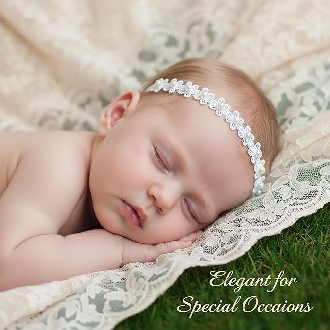 2-Pack Adjustable Baptism Headband for Baby Girl, White Lace Christening Headbands with Pearl & Flower, Elastic Soft Hair Accessories for Newborn Infant Toddler