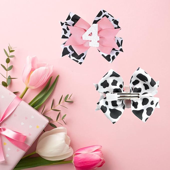 Birthday Hair Clips for Baby Girls - 2Pc Cow Print Bow with White Number Hair Clips for 4th Birthday Baby Bow Party Decorations for Girls Toddlers Hair Accessories (Cow Print -4 Years)