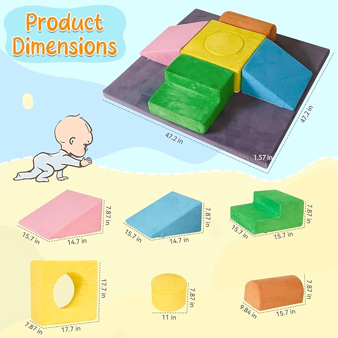 Foam Climbing Blocks for Toddlers with 47"x47'' Crawling Play Mat,7-Piece Soft Play Set for Babies,Kids Climbing Toys Indoor,Crawling,Sliding & Building in Playroom & Daycare,Gray & Multicolor