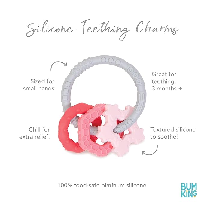 Bumkins Baby Teething Freezer Toy Keys Rings, Soft Flexible Pacifier to Chew, Cool Teether Gum Relief, Babies 3 Months, Freezable Platinum Silicone, Sensory Bracelet with Charms, Pink and Gray