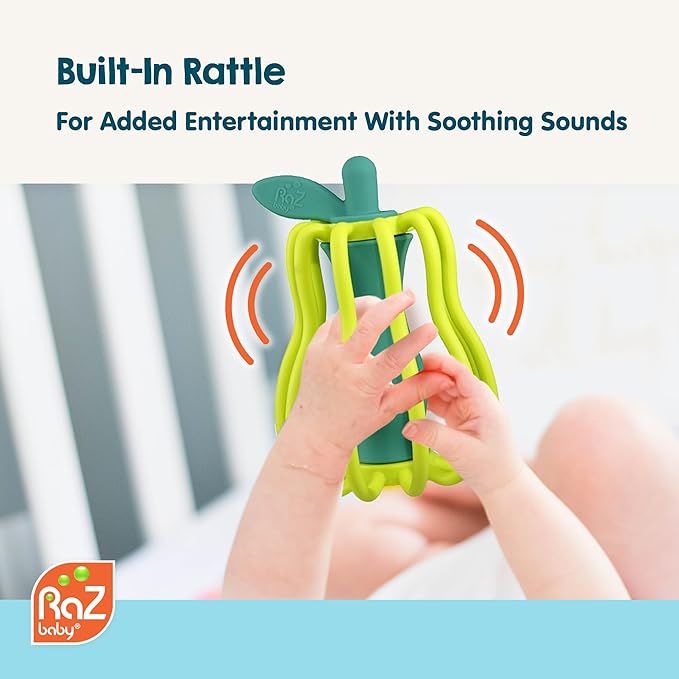 RaZbaby RaZ-Pear Silicone Teether & Rattle Toy – Soft, Flexible & Easy to Hold, Soothing Sounds for Entertainment, Textured for Teething Relief, Nipple-Shaped Stem for Comfort – BPA-Free, 3M+