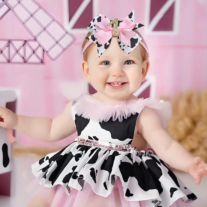 YanJie 4'' Baby Girl Birthday Hair Bow for 1 Year Old Newborns Glitter Cow Print Infant Headbands Sprinkle First Birthday Hair Accessories Pink Bows