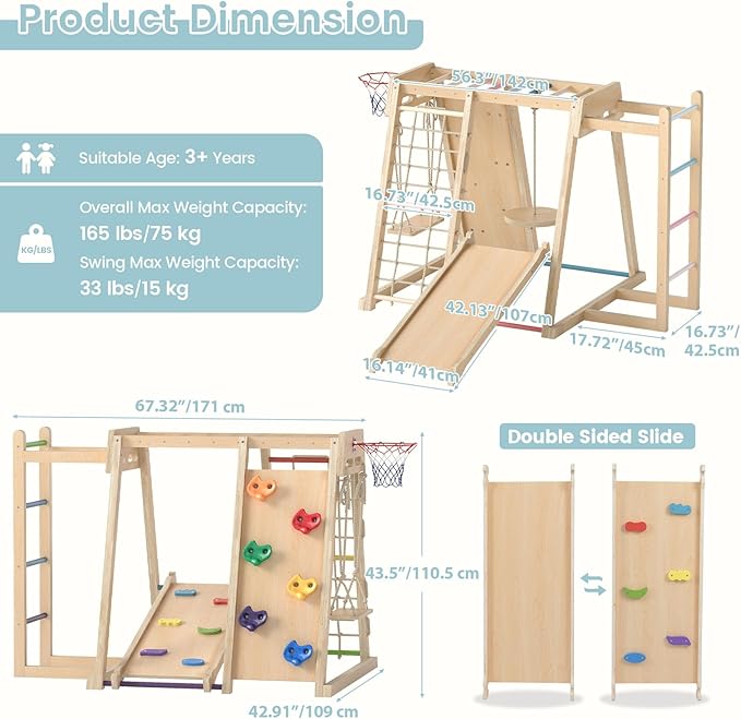 OLAKIDS Indoor Jungle Gym, 9 in 1 Wooden Montessori Baby Climbing Toys with Adjustable 2 Swings Ramp, Monkey Bar Basketball Hoop Ladder Climb Net (Natural)