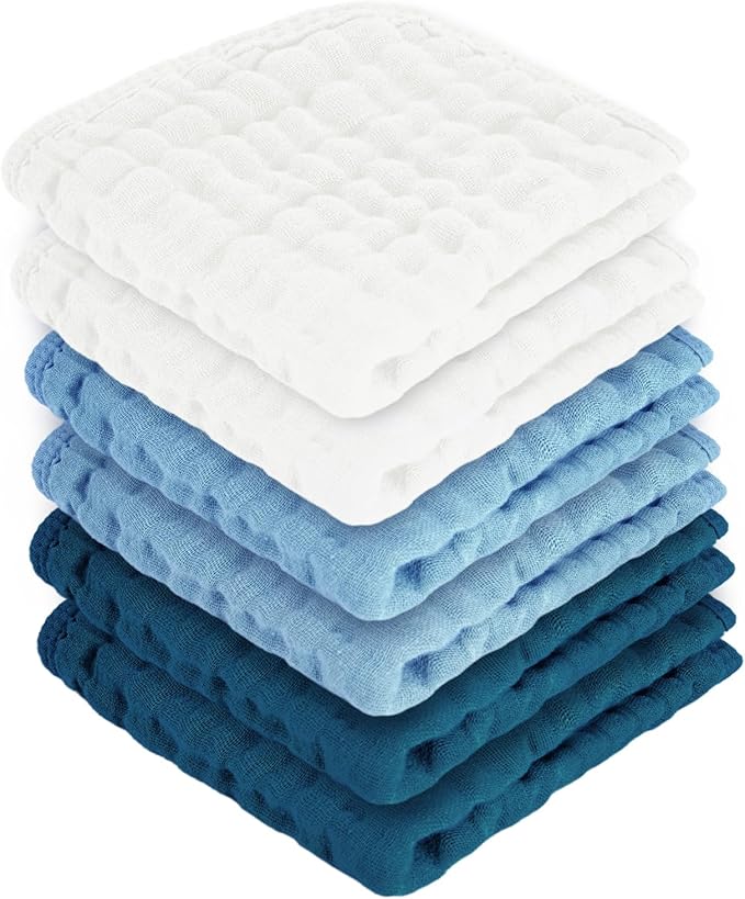 MIGIOL Baby Washcloths 100% Cotton Size is 12x12 inches. Lightweight, Portable, and Ideal for use at Home or on The go. (White & Blue 6 Pieces)