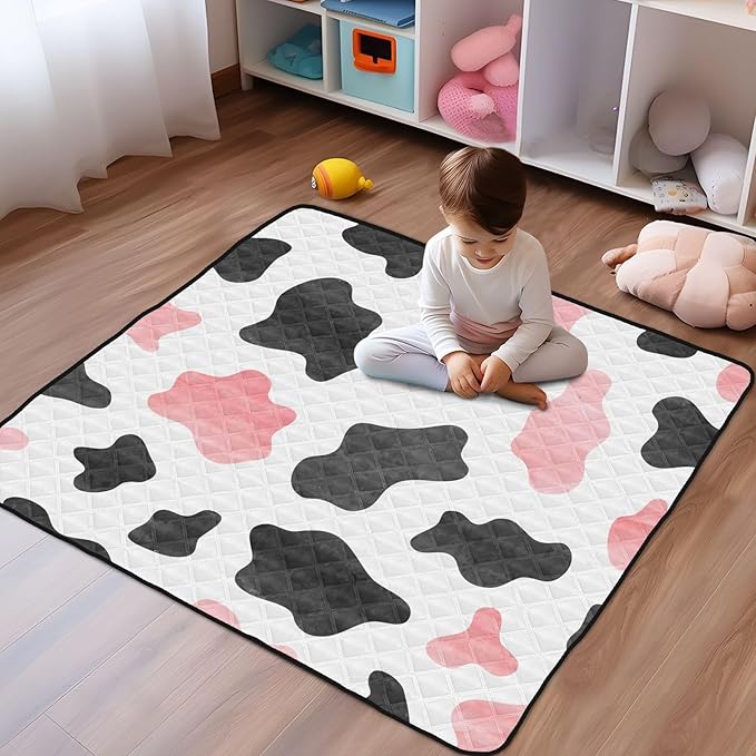 Baby Play Mat Cow Print 50" X 50" Play Gym Crawling Mat Soft Non-Slip Portable Picnic Floor Mat for Infant, Babies, Toddler, Kids