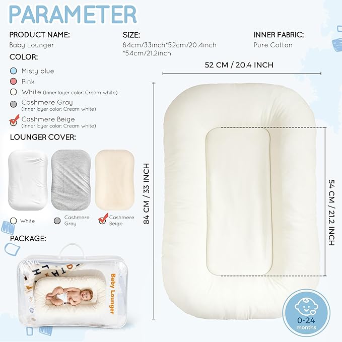 Baby Lounger & Snuggle Nest for Newborn 0-24 Months, Baby Nest Supervised Breathable Cotton for Newborn, Breathable Portable Lounnger for Travel and Home, Cashmere Beige (Lounger Cover Included)