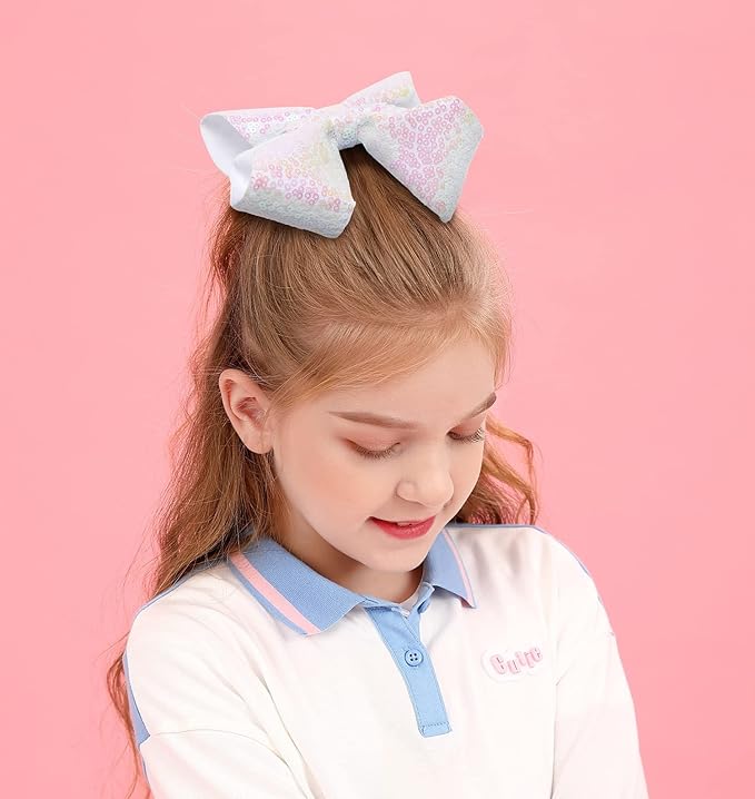 6 Inch White Sparkly Glitter Sequin Hair Bows for Girls Toddlers Kids Children Teenage (2PCS)